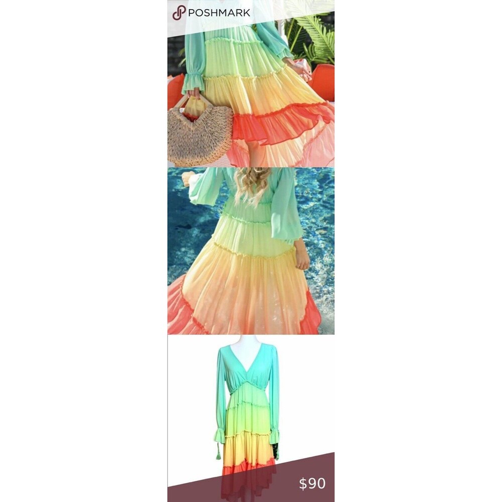 Rainbow Beach Women Size S Hi Lo Maxi Dress Bohemian Champagne & Strawberry Boho - Picture 14 of 14